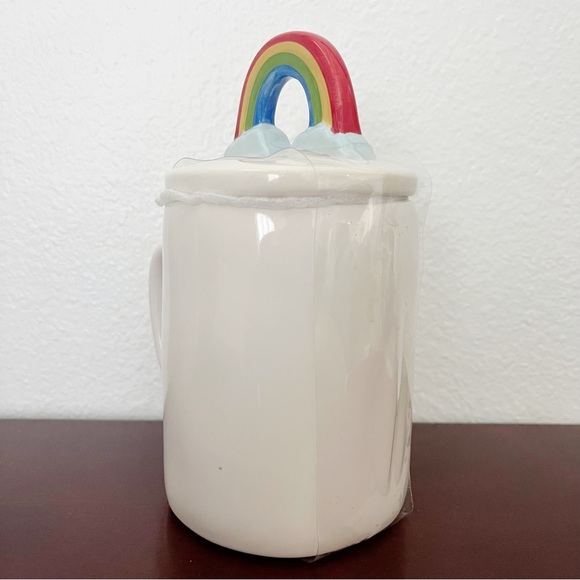 NWT Rae Dunn “RAINBOW” Glossy White Coffee Mug with Rainbow Clouds Topper - Picture 4 of 5